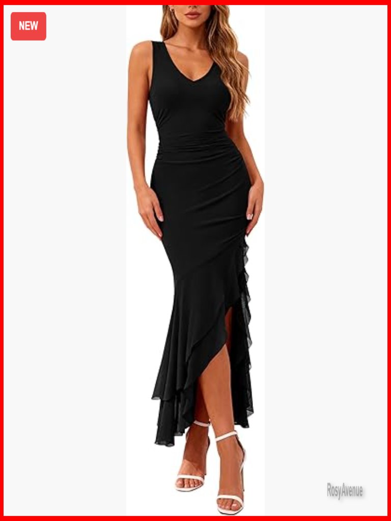Bodycon Maxi Dress Sleeveless V Neck Ruched Waist Formal Cocktail